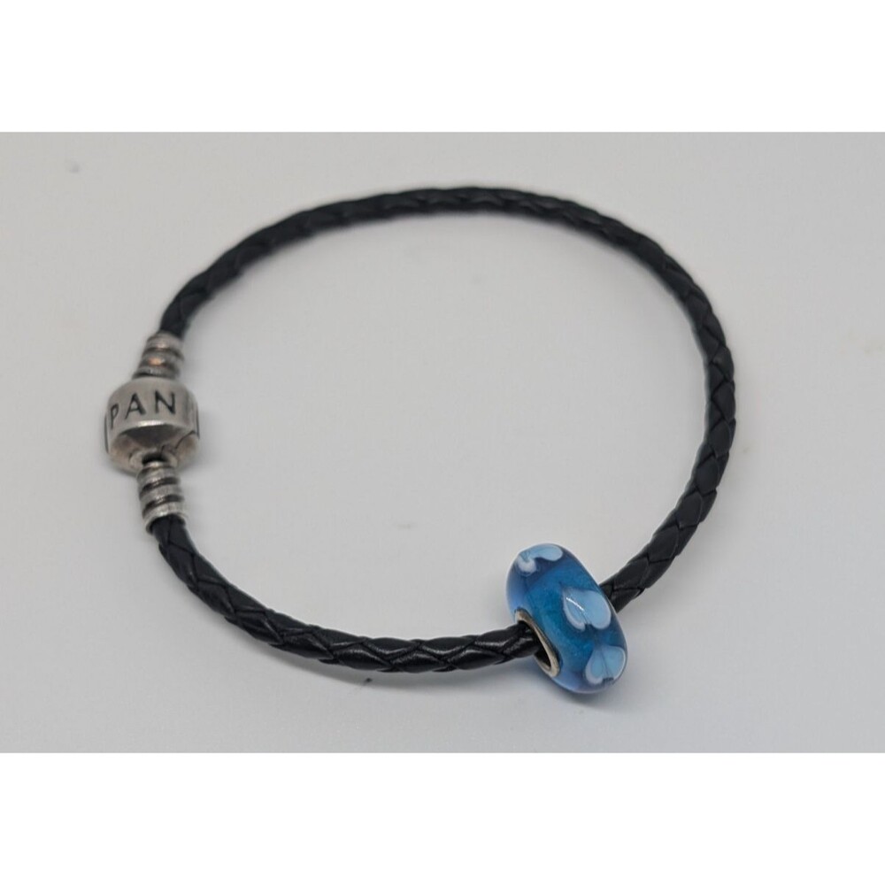 Pandora Black Braided Leather Bracelet 6.5" Blue Heart Glass Charm Bead